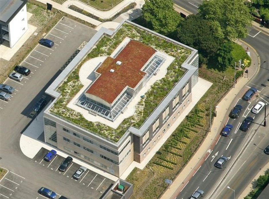 This photo shows how you can combine a rooftop garden with a Greenroof. The upper roof is a light weight structure covered with plants. The surrounding area is a rooftop garden with seating and viewing area. This provides almost 100% green infrastru…
