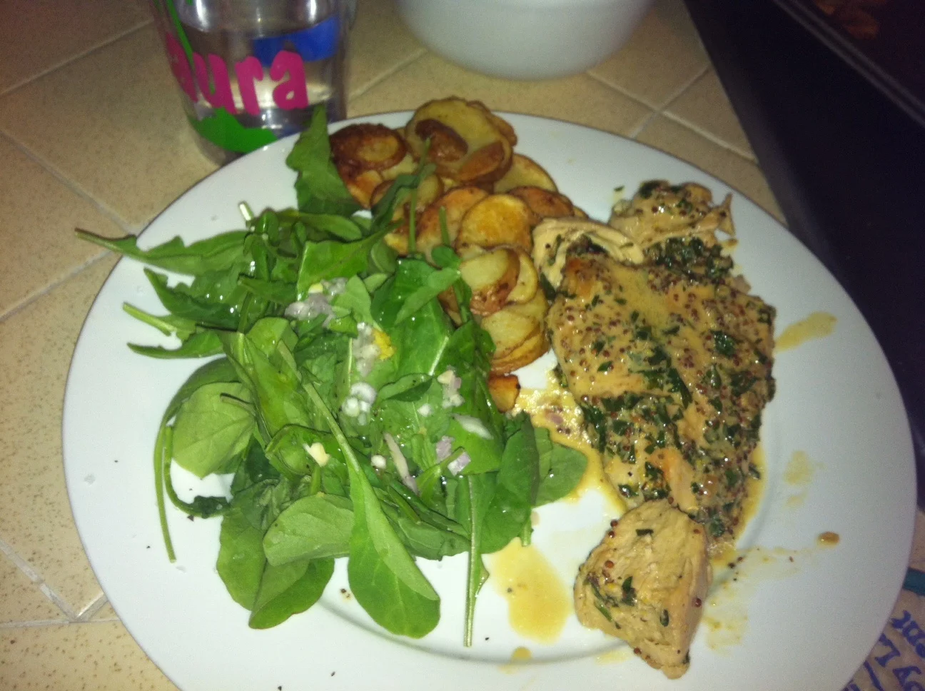 I served it with thinly sliced potatoes baked with olive oil and seasoning salt and arugula with shallots, lemon zest, lemon juice and olive oil.