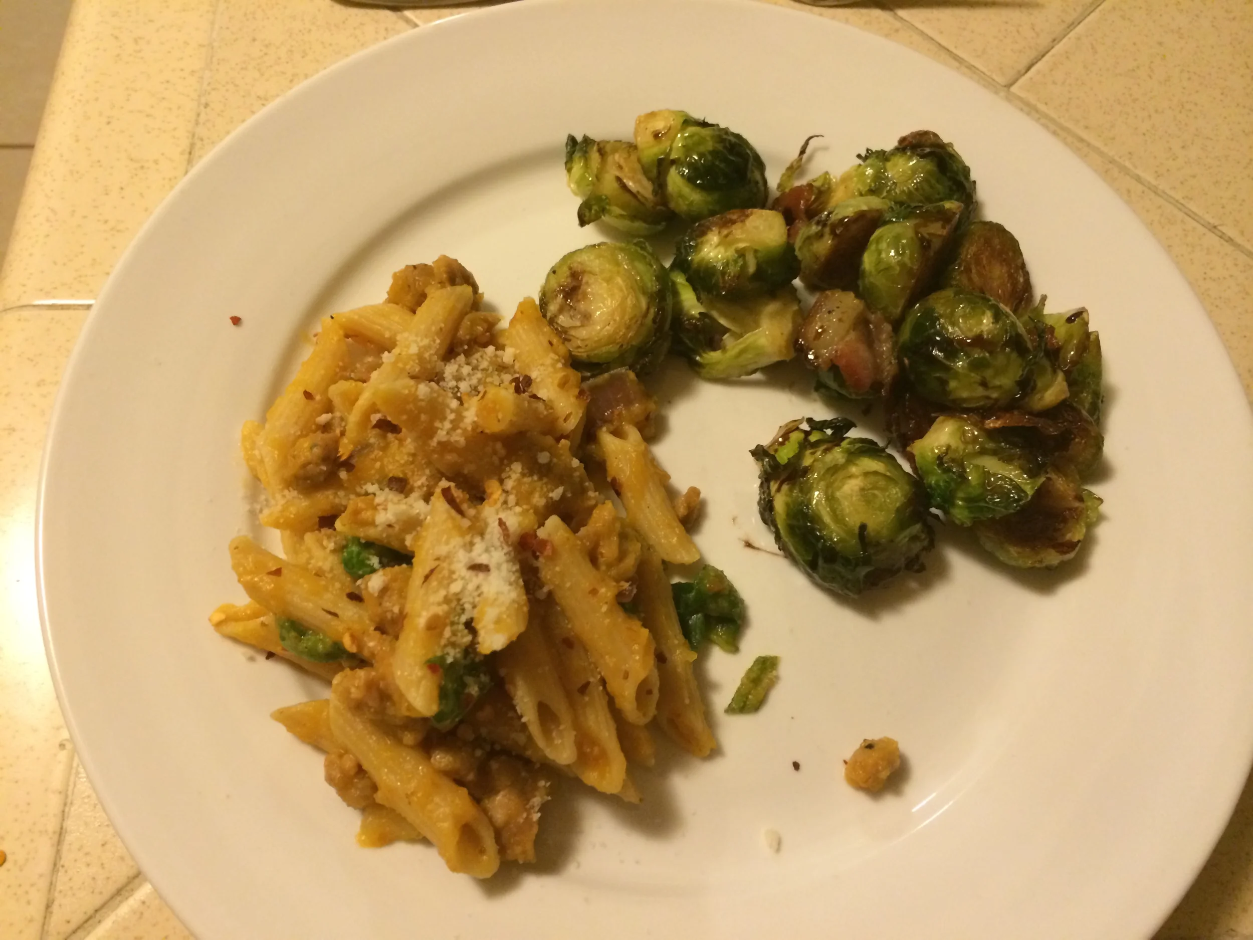 Served with roasted brussels sprouts and balsamic