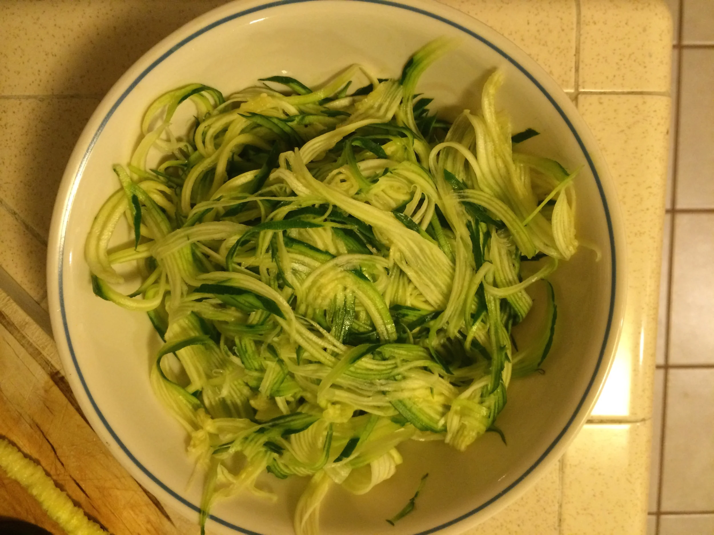 You get a pretty big bowl from 5 small zucchini but beware, they shrink when you cook and it is less filling than pasta!