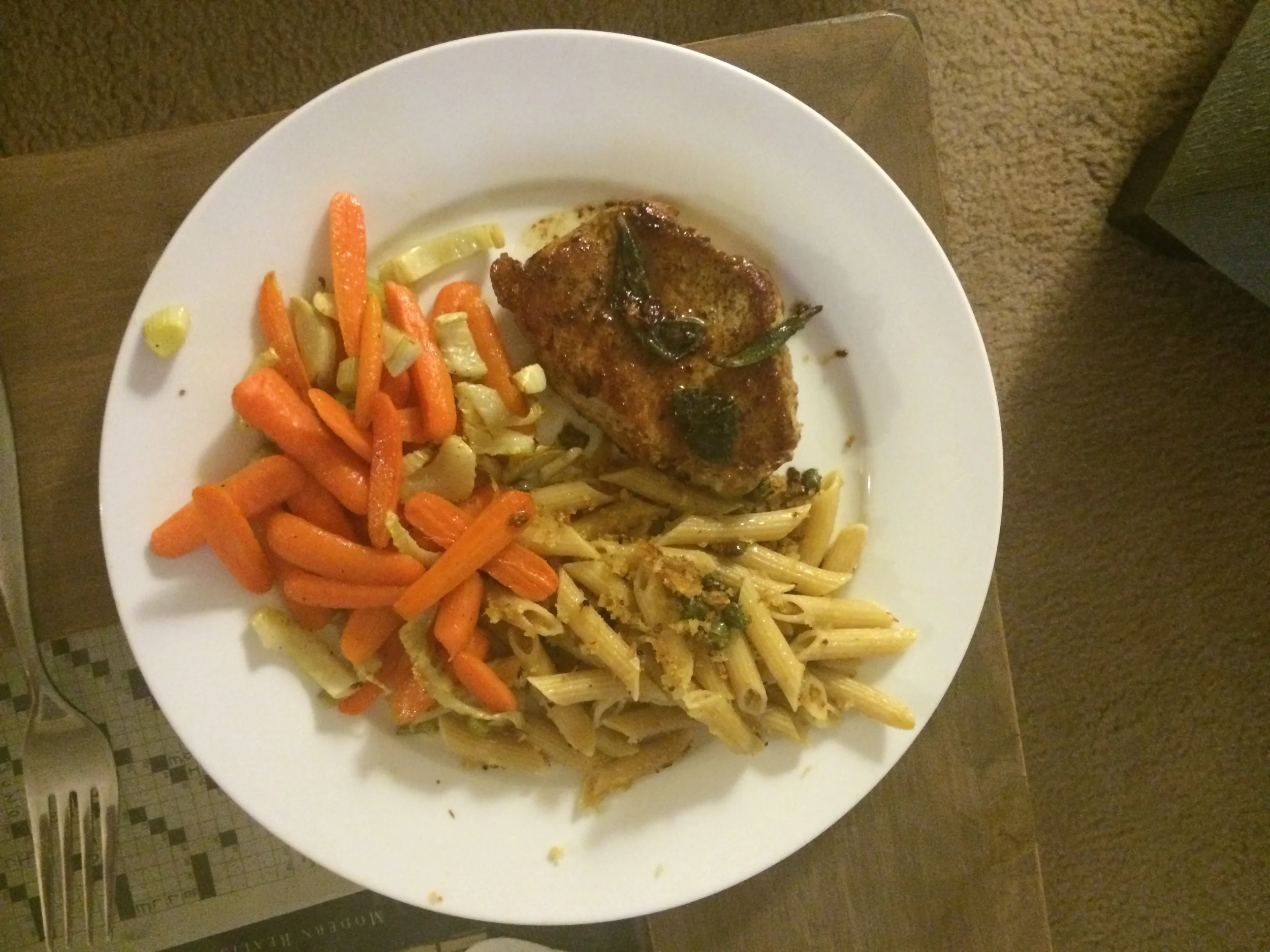 Served with roasted carrots and pasta with breadcrumbs, capers, garlic and shallots.