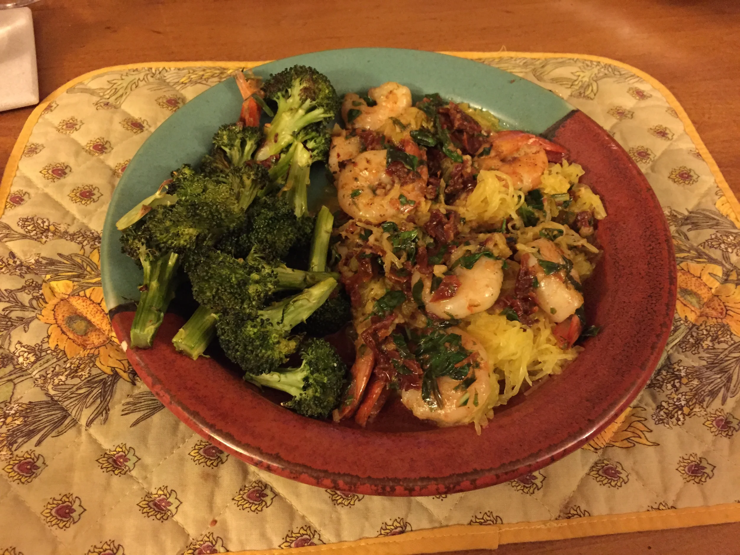 Served with roasted broccoli , a delightful combination