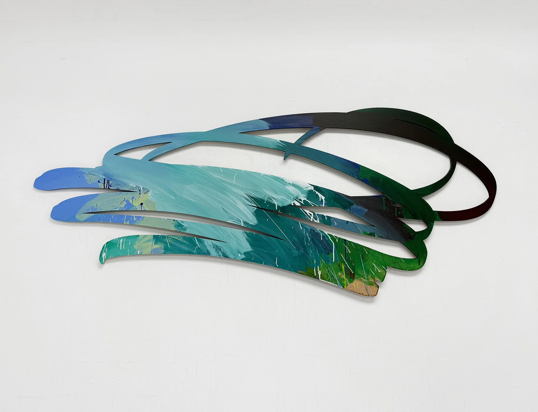 Horizontal Painted Scribble, Blue Green, Acrylic on laser cut wood, 72"w x 30"h x .5", 2026