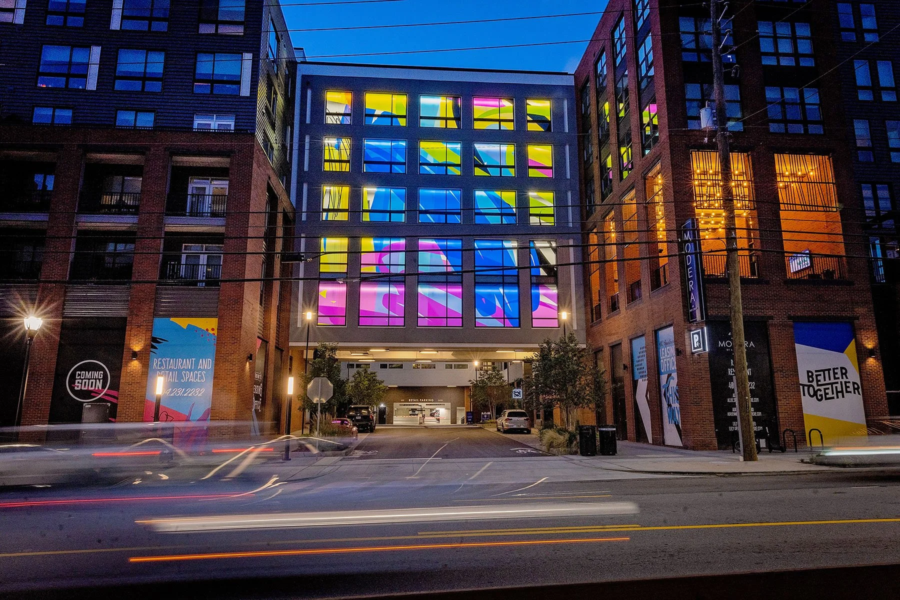 Five story window mural, Modera Reynoldstown, Atlanta, GA  Translucent vinyl on glass, 2020