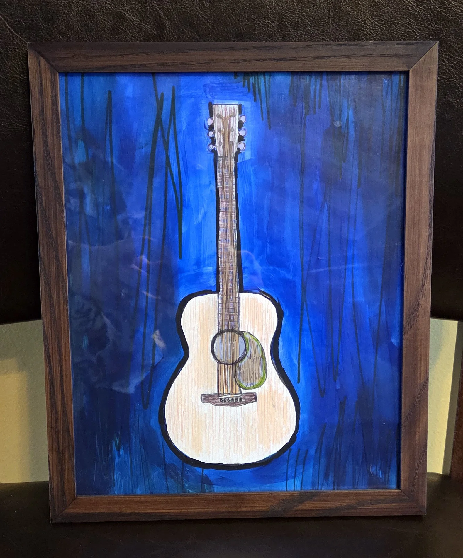 Blonde Acoustic on Blue 17 x 25" Acrylic, Ink, on Paper 2026 $60