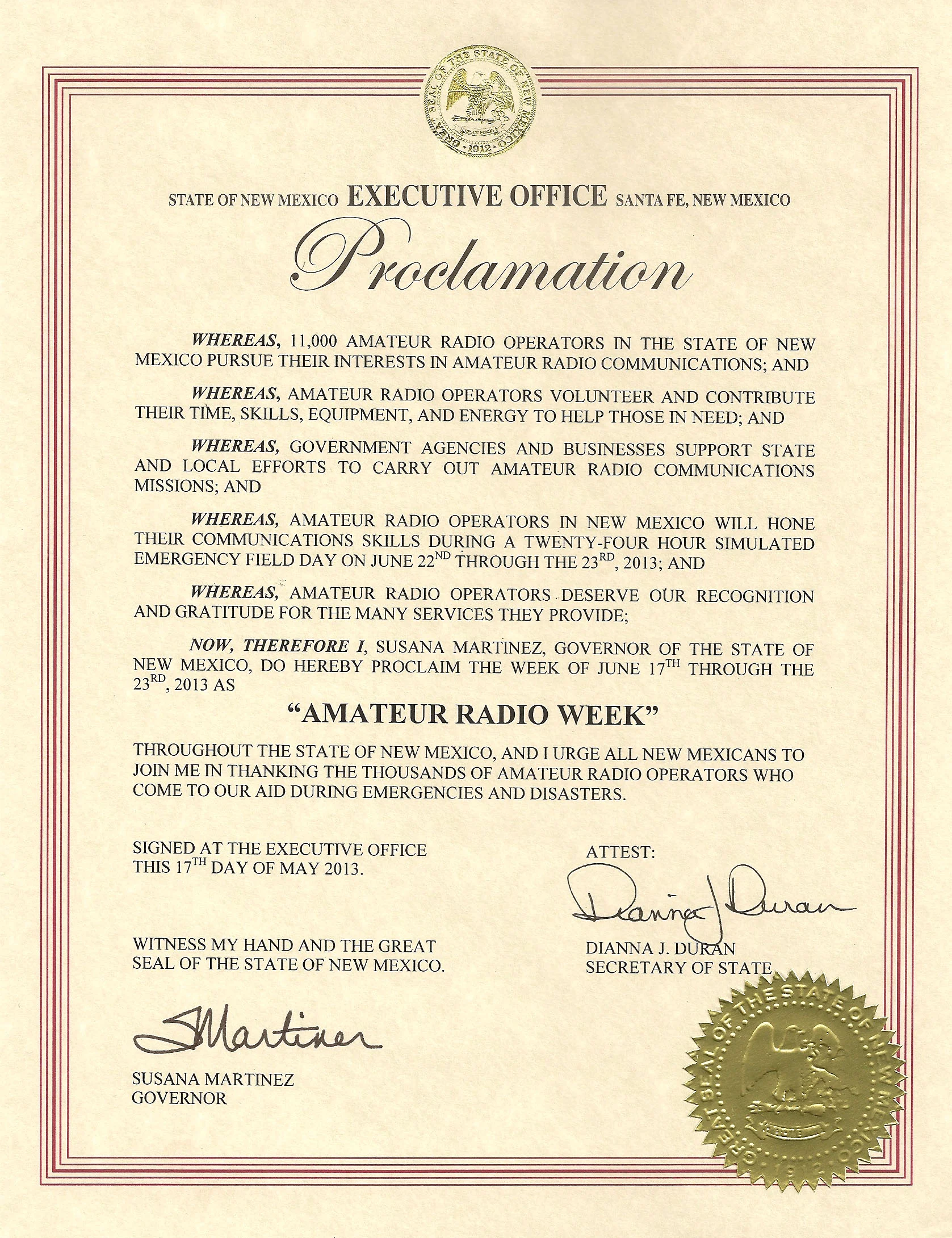 2013 New Mexico Proclamation
