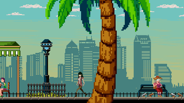 Seiko and Colin walking to a cafe in The Last Goddess.