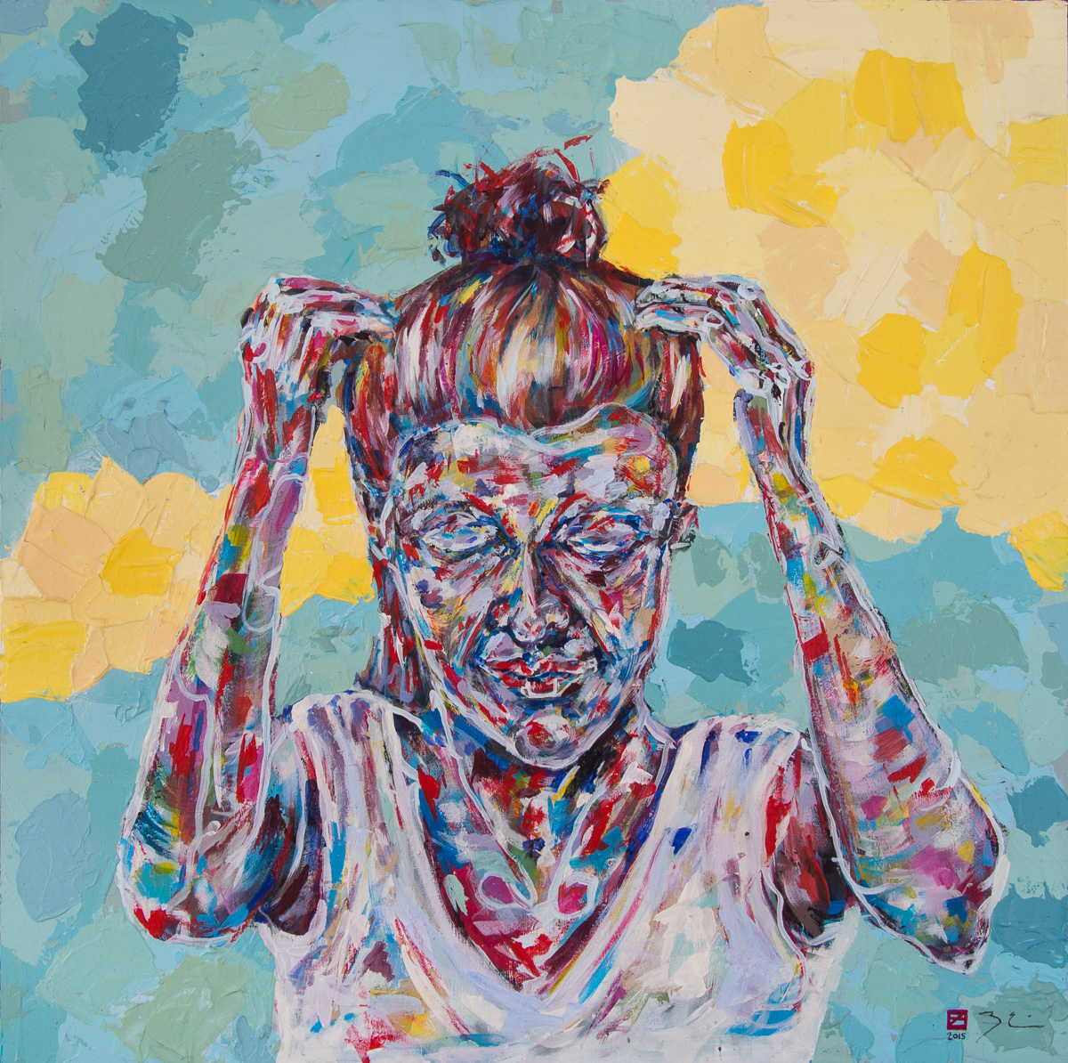 First Date. Sort of. 24 x 24" Acrylic + Oil Stick on Hardboard For Sale