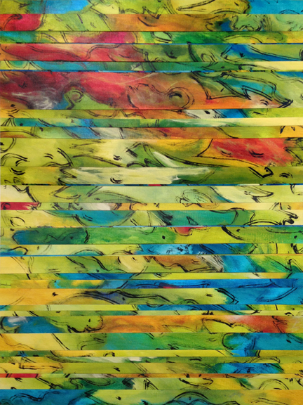 " Separation Collider " acrylic on linen strips stretched over linen 48x36 in.