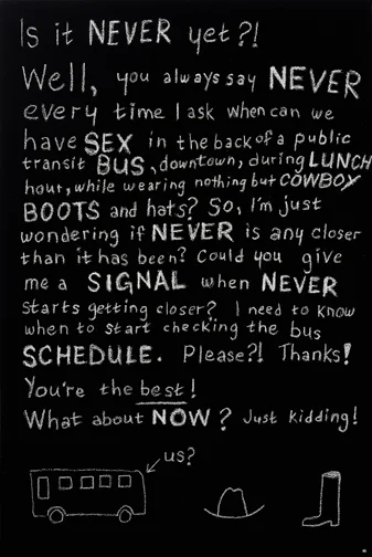 " Is It Never Yet? " chalk, blackboard paint on masonite. 36x24 in. 