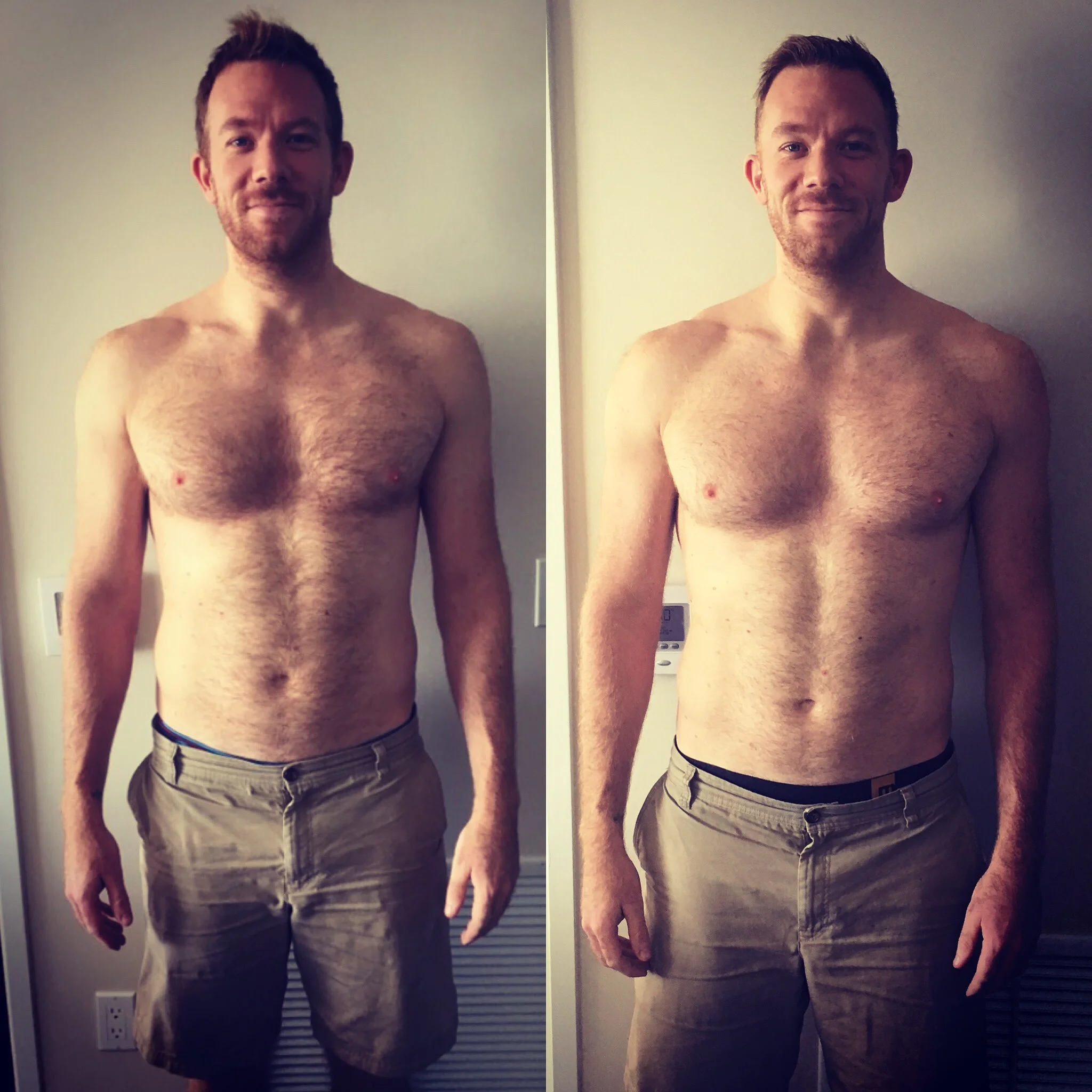 On left, me before Day 1 of Whole 30. On right, me on Day 30 of Whole 30: 228.7 lbs.