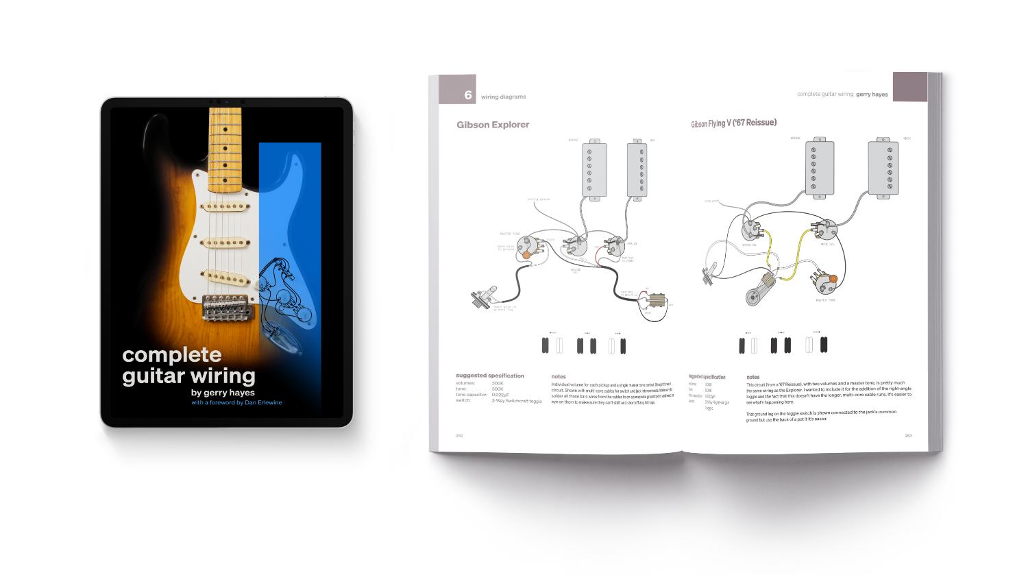 A digital version of Complete Guitar Wiring book showing cover on a tablet. Also a physical print version showing open pages with wiring diagrams.