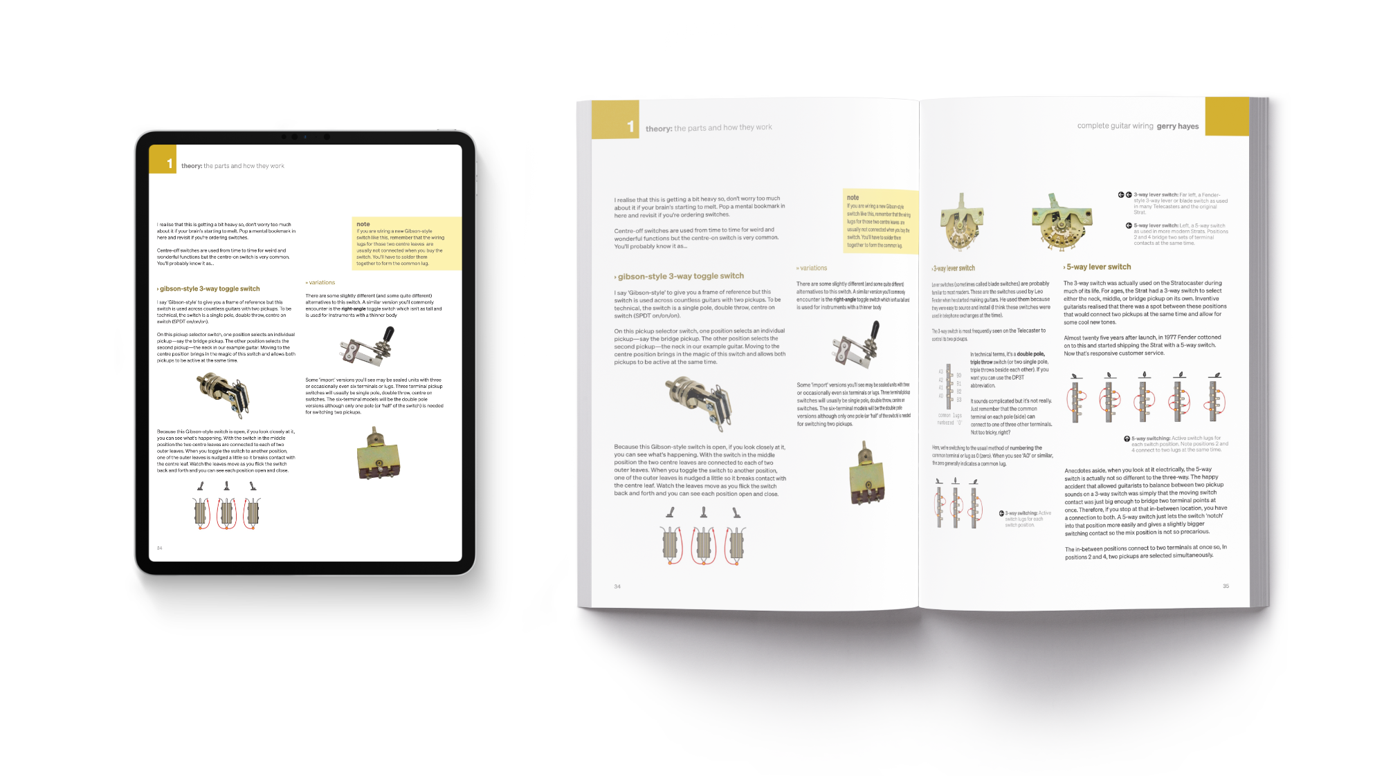 iPad showing page from Complete Guitar Wiring beside physical copy of book open to same page
