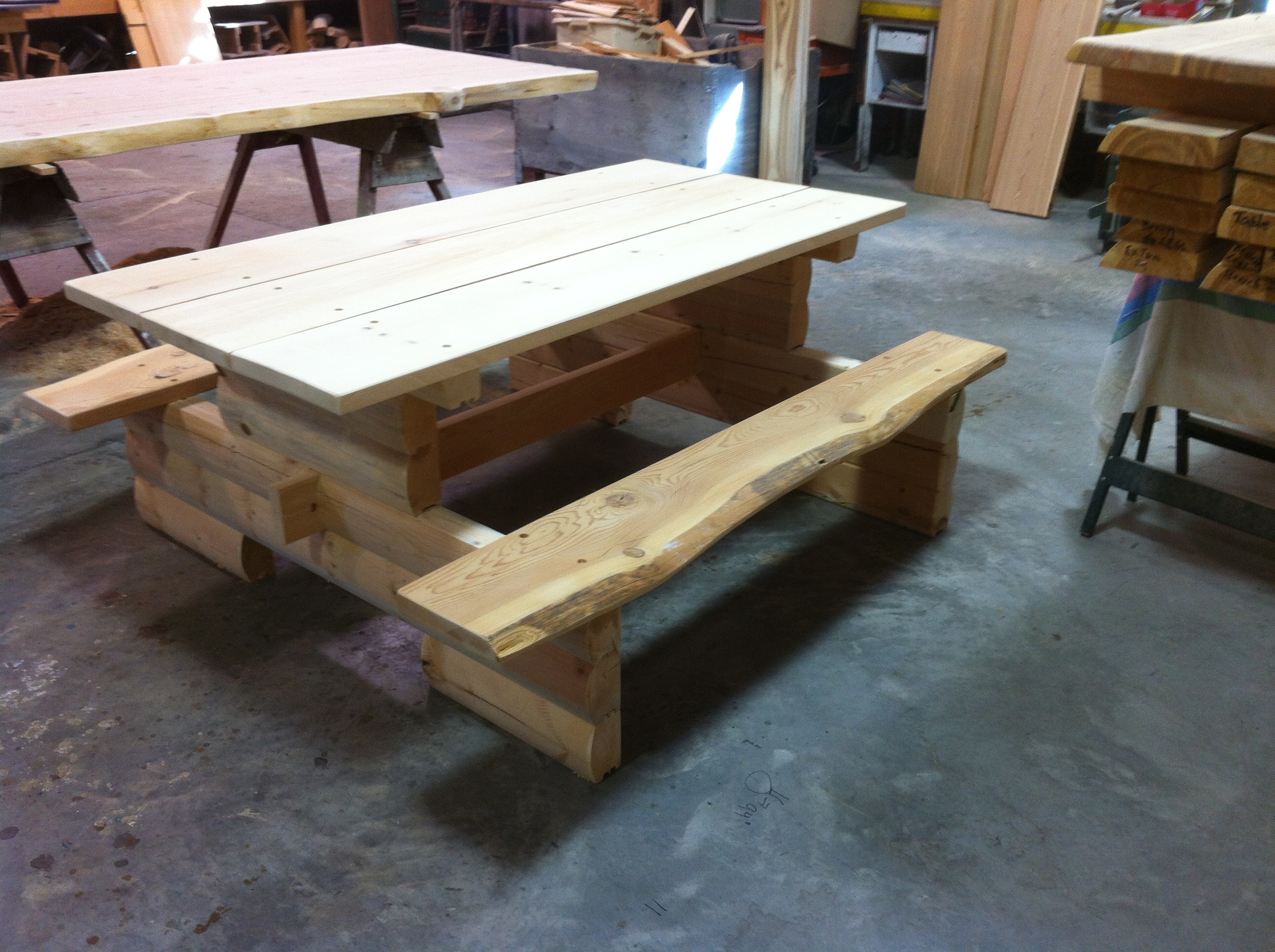  Pine log picnic table with live edge Fir seats 