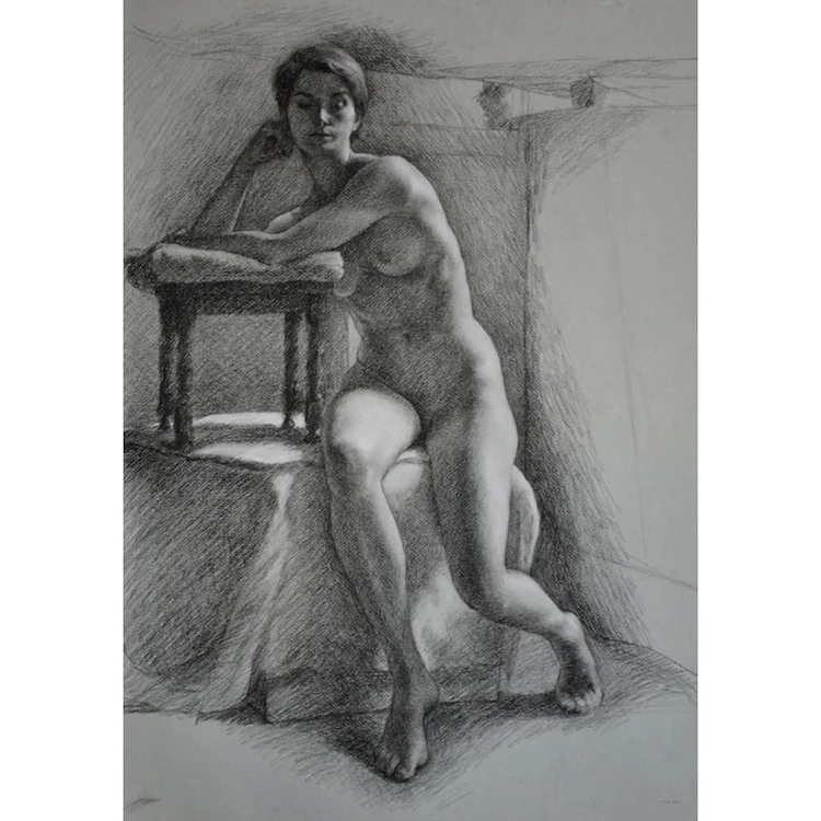 ‘Figure study’, 2016, charcoal and chalk on toned paper, 70cm x 49.5cm. Unframed. $750