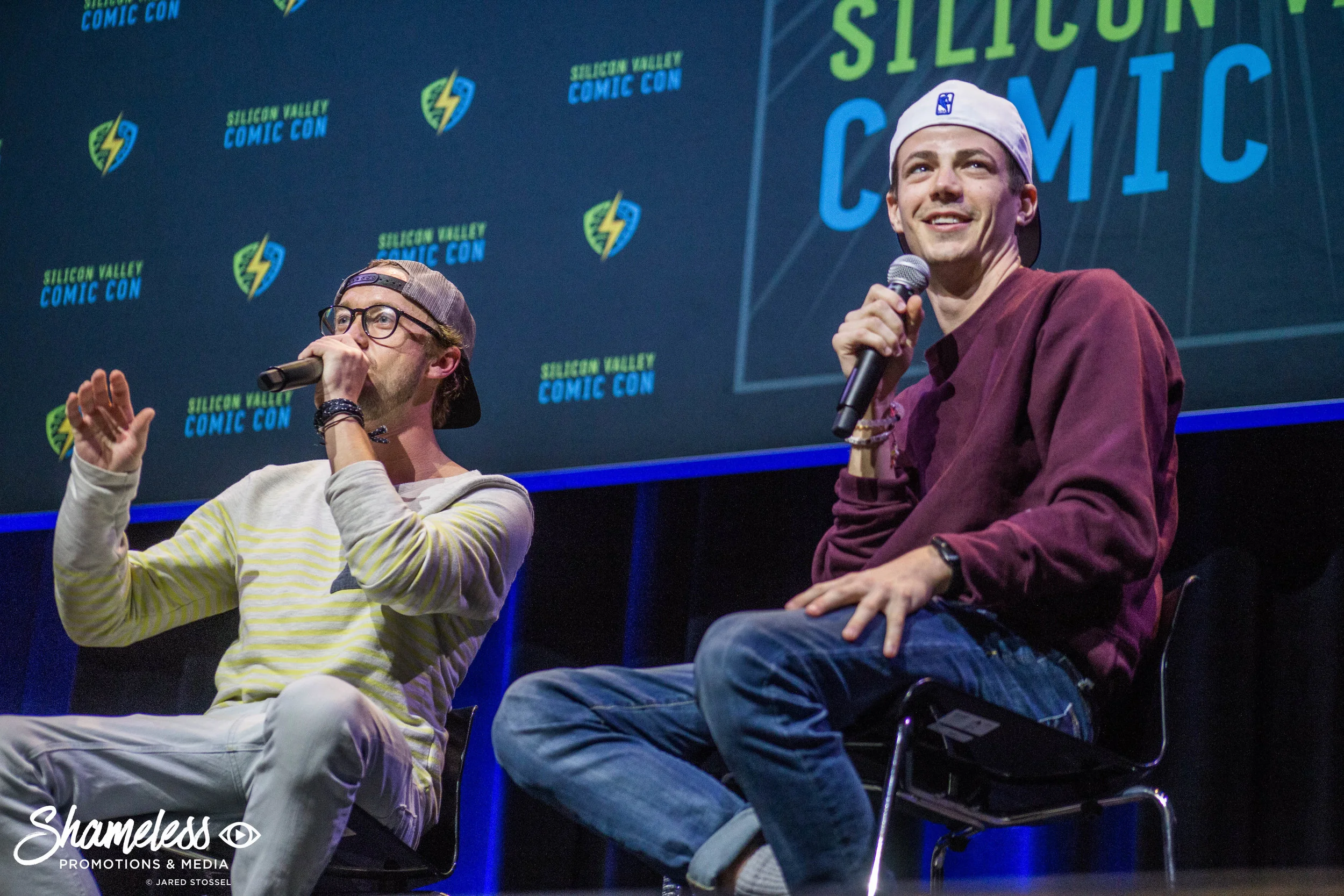 Tom Felton and Grant Gustin appearing at The Flash panel at Silicon Valley Comic Con. April 23, 2017. Photo Credit: Jared Stossel. 