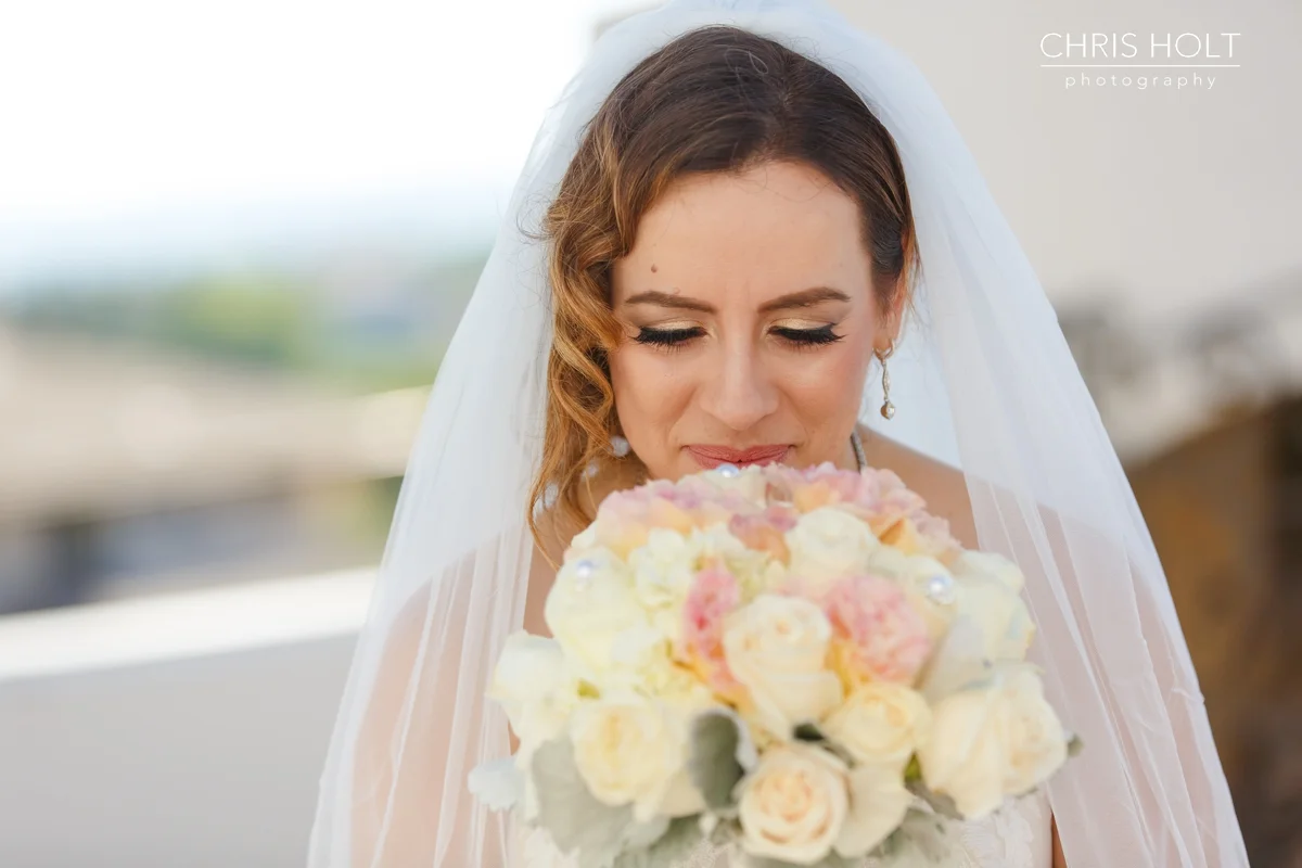 WEDDING, BRIDE, GREEK, GREEK ORTHODOX, SANTA BARBARA GREEK ORTHODOX CHURCH, SANTA BARBARA, HYATT, FLORAL, BOUQUET, VEIL, BEAUTIFUL, CANDID, ROMANTIC
