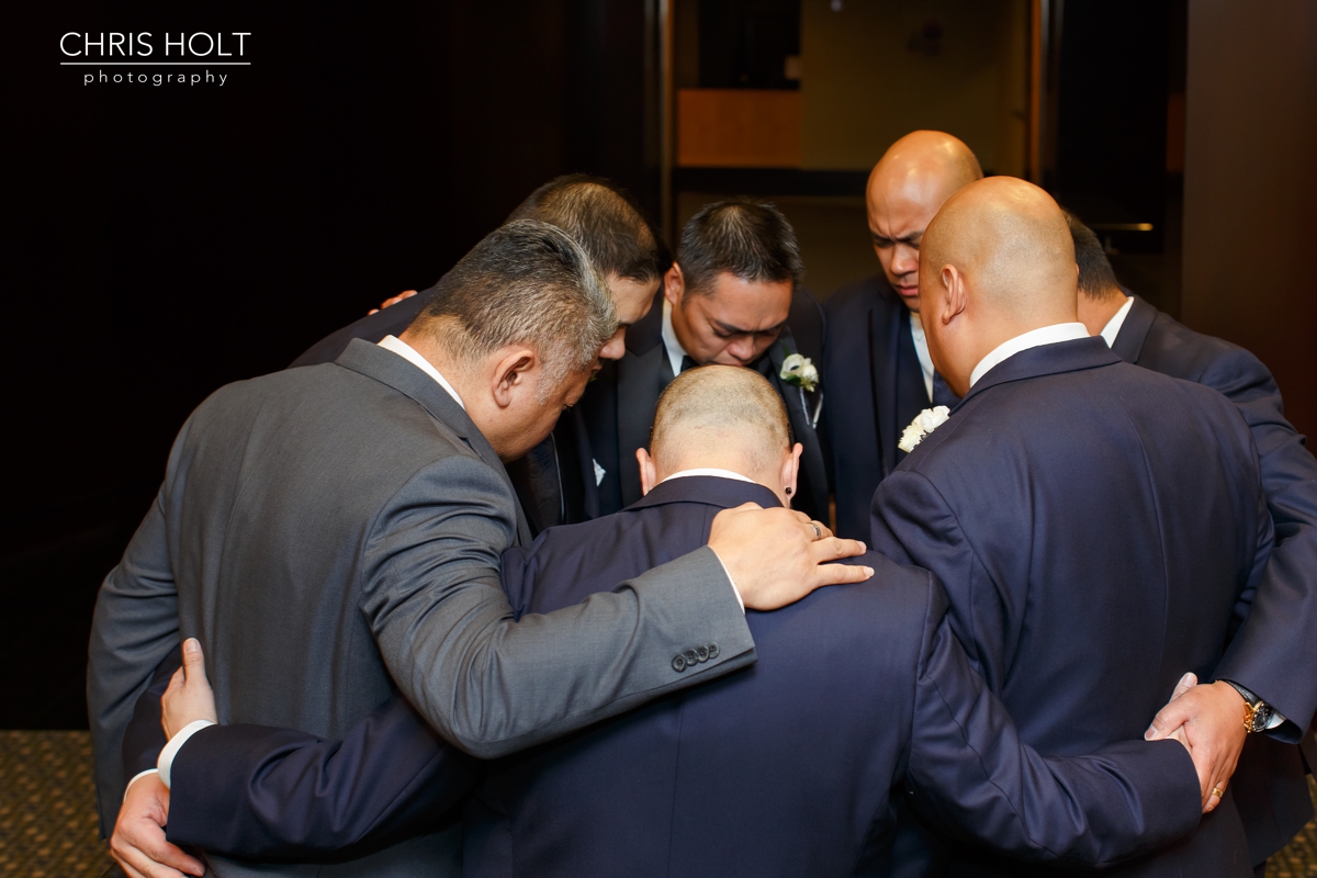 pacific palms, golf club, wedding venue, groom, preparation, getting ready, portrait, groomsmen, prayer, bridal party