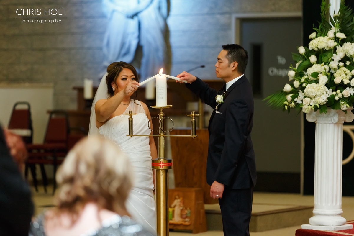 church, ceremony, catholic, priest, wedding venue, St Lorenzo, family, sponsors, cord, coins, bible, unity candle, altar, cross, husband, wife