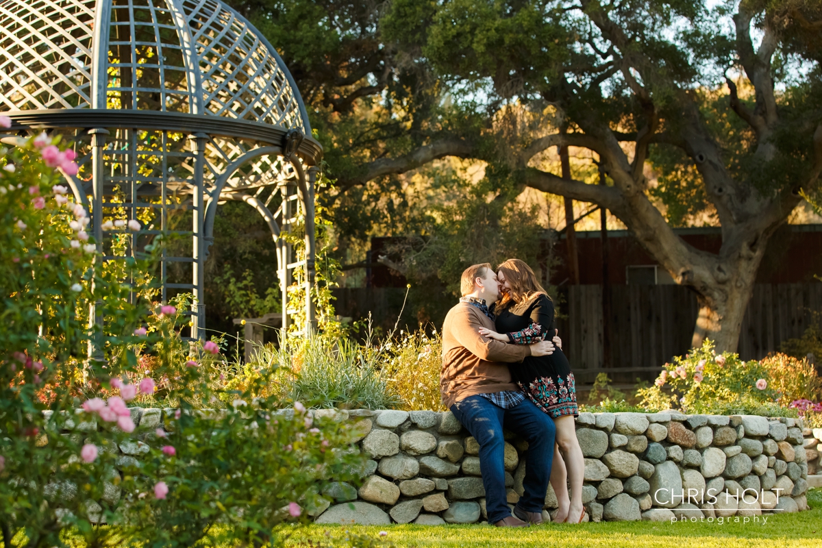 descanso gardens, floral, engagement session, reflection, trellis, gazebo, backlight, sunlight, sunset, couple, romantic, portraits, garden, happy, love