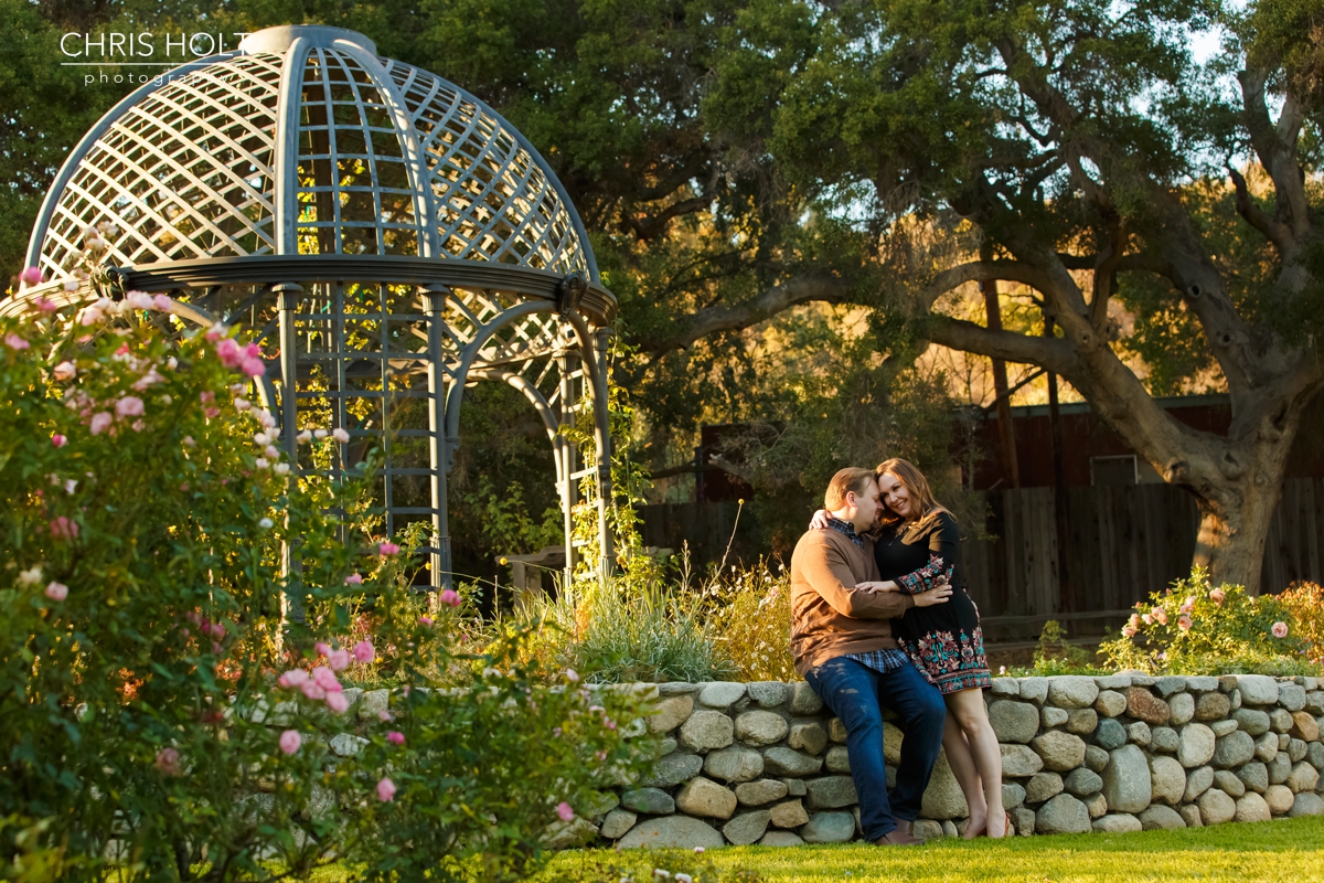 descanso gardens, floral, engagement session, reflection, trellis, gazebo, backlight, sunlight, sunset, couple, romantic, portraits, garden, happy, love