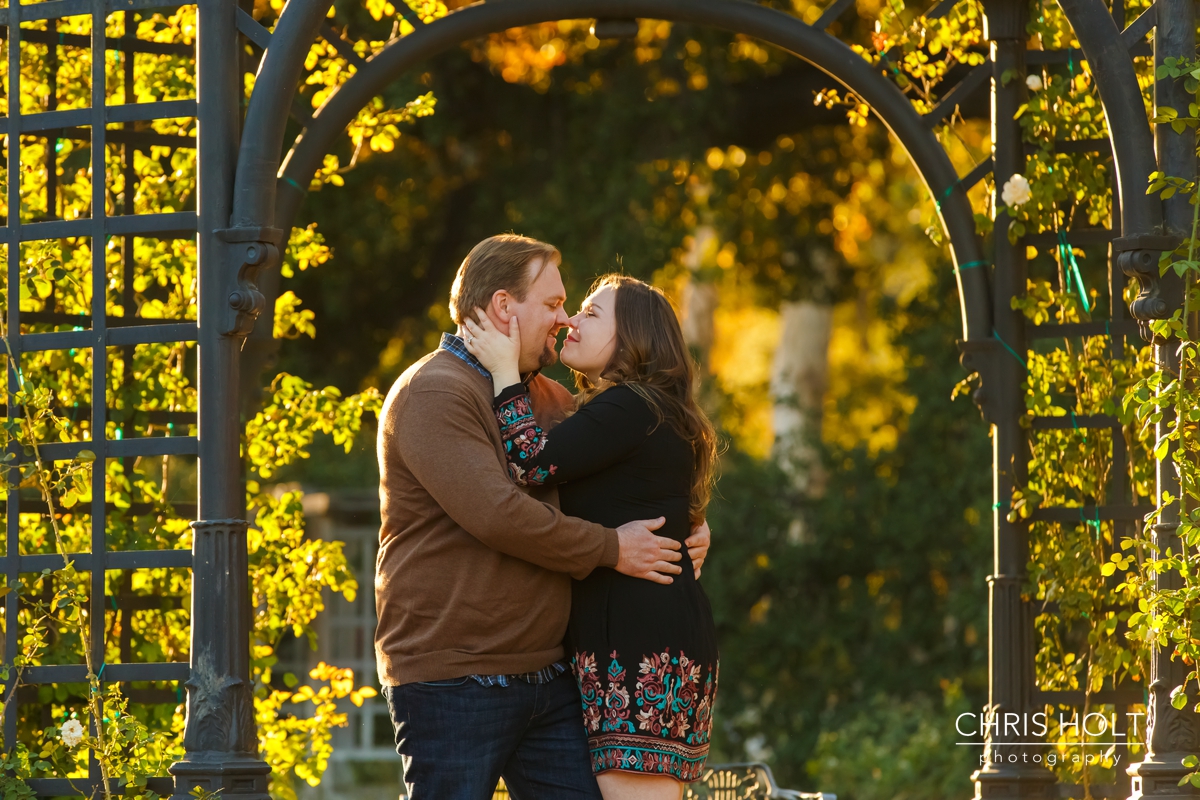 descanso gardens, floral, engagement session, reflection, trellis, gazebo, backlight, sunlight, sunset, couple, romantic, portraits, garden, happy, love