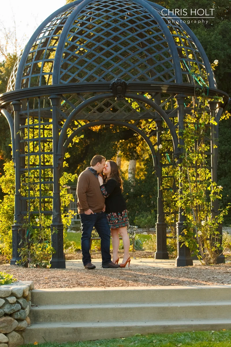 descanso gardens, floral, engagement session, reflection, trellis, gazebo, backlight, sunlight, sunset, couple, romantic, portraits, garden, happy, love