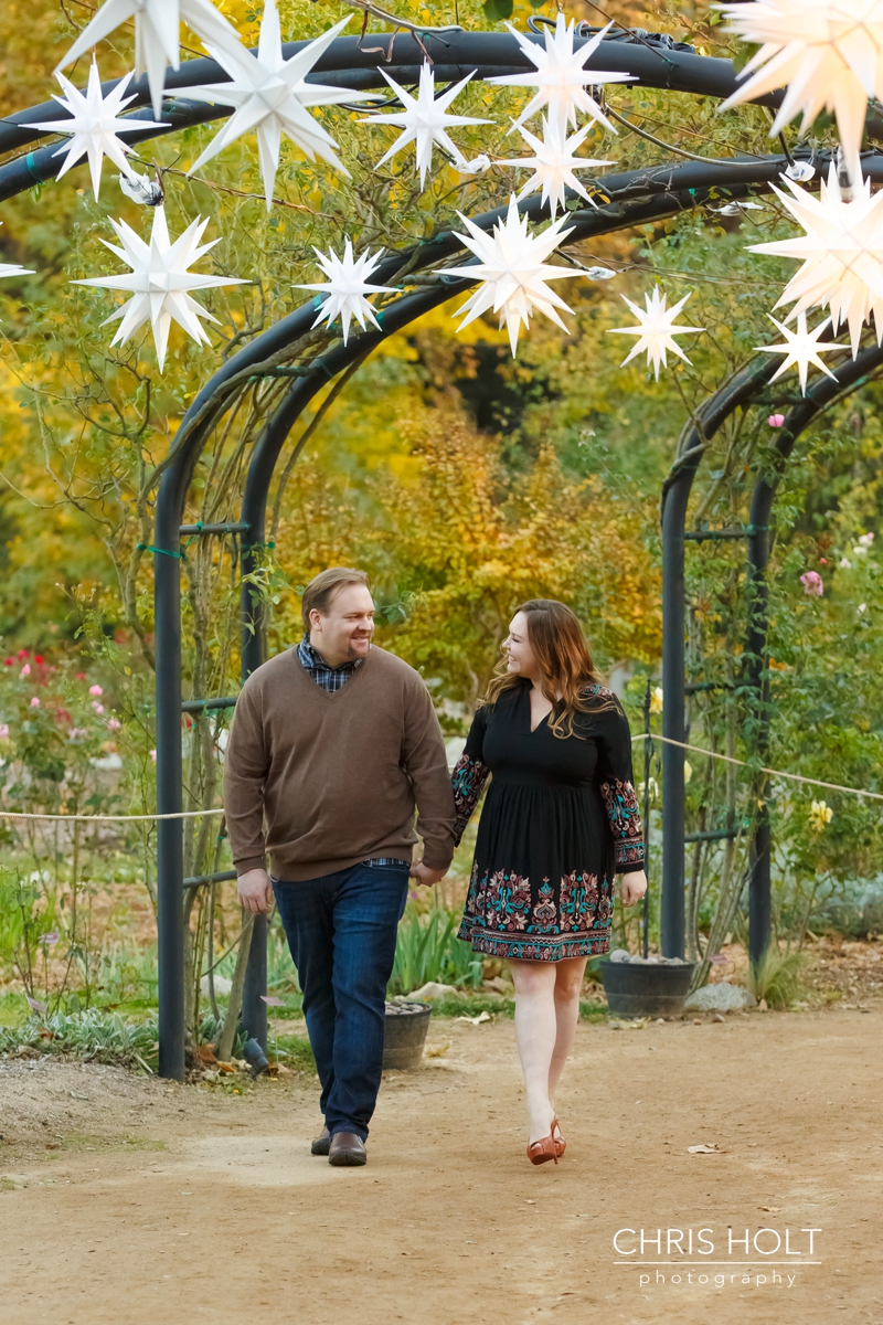 descanso gardens, floral, engagement session, reflection, trellis, gazebo, backlight, sunlight, sunset, couple, romantic, portraits, garden, happy, love