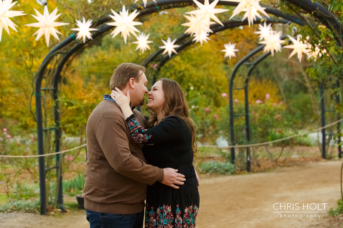 descanso gardens, floral, engagement session, reflection, trellis, gazebo, backlight, sunlight, sunset, couple, romantic, portraits, garden, happy, love