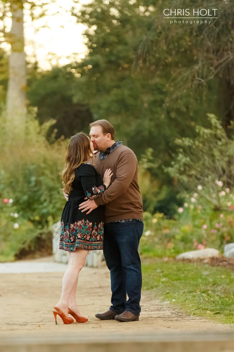 descanso gardens, floral, engagement session, reflection, trellis, gazebo, backlight, sunlight, sunset, couple, romantic, portraits, garden, happy, love