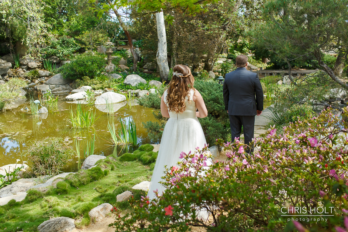  Wedding first look with bride and groom at Storrier-Stearns Japanese Garden 