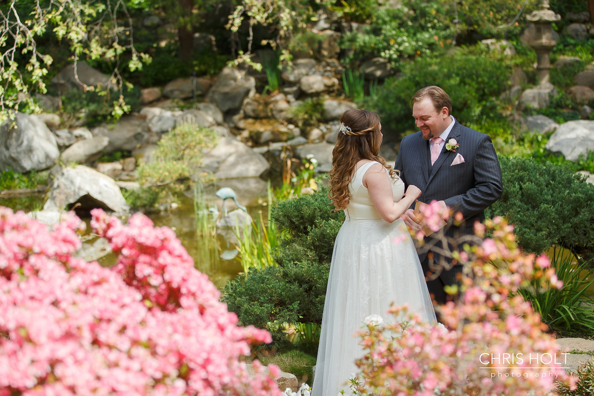  Wedding First Look with bride and groom at Storrier-Stearns Japanese Garden 