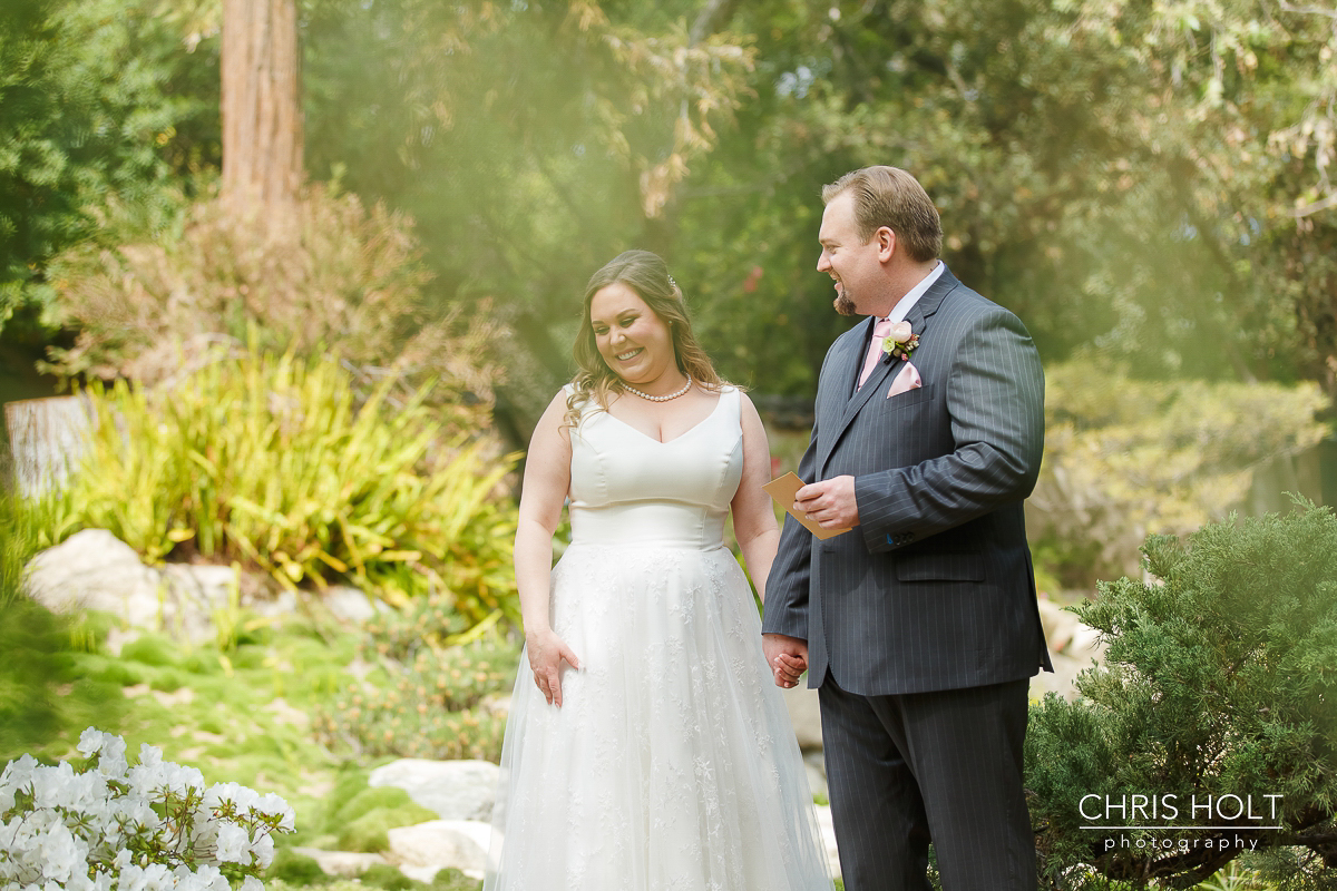  Bride and groom after wedding first look at Storrier-Stearns Japanese Garden 