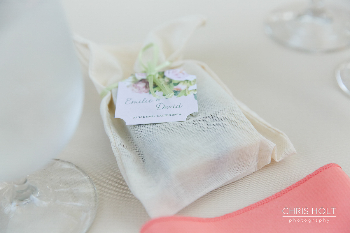  Handmade DIY wedding giveaways on guest table at Storrier-Stearns Japanese Garden 