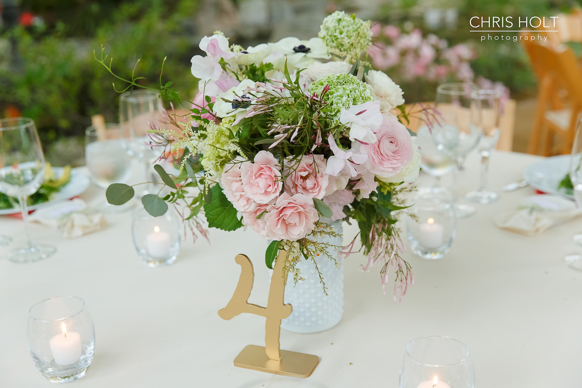  Floral centerpiece with gold table number by Wen Floral at Storrier-Stearns Japanese Garden 