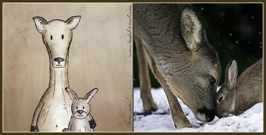 Unlikely animal best friends - deer and rabbit. The Land of Le Beef comic strip, by Darren Lebeuf