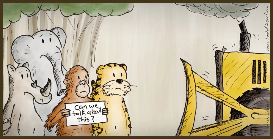 endangered orangutans, rhinos, elephants, and tigers - http://www.avaaz.org/en/the_plan_to_kill_orangutans_cb3/?buUqteb&v=24889. by the land of le beef, by Darren Lebeuf