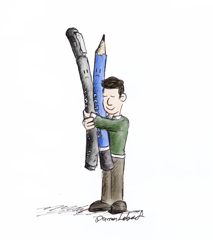 Me hugging my comically oversized and slightly scared looking drawing tools...