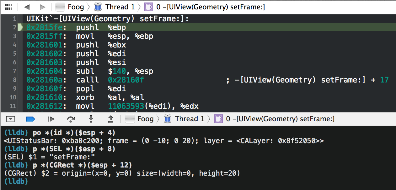 Finding all the arguments in an Objective-C method invocation. Notice that in LLDB you use a dollar sign to reference a register instead of a percent sign. :-P