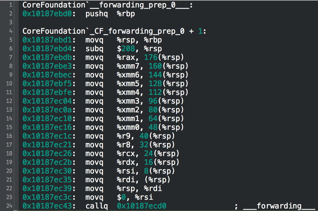Core Foundation's forwarding handler pushing every register onto the stack before calling into __forwarding__ .