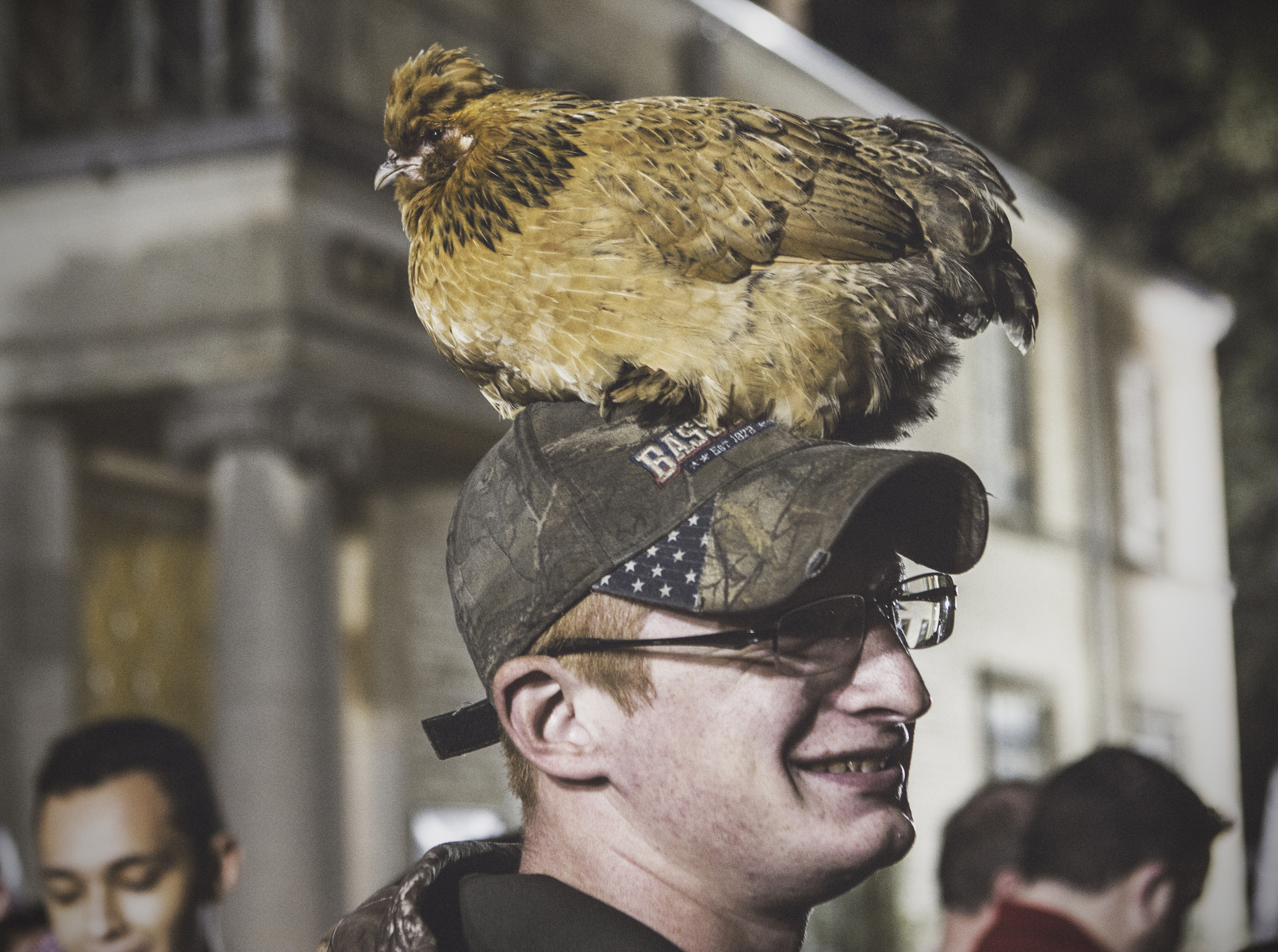 First United Methodist Church had a live nativity and a small petting zoo (complete with a dude with a chicken on his head) in front of their building on South Locust. 