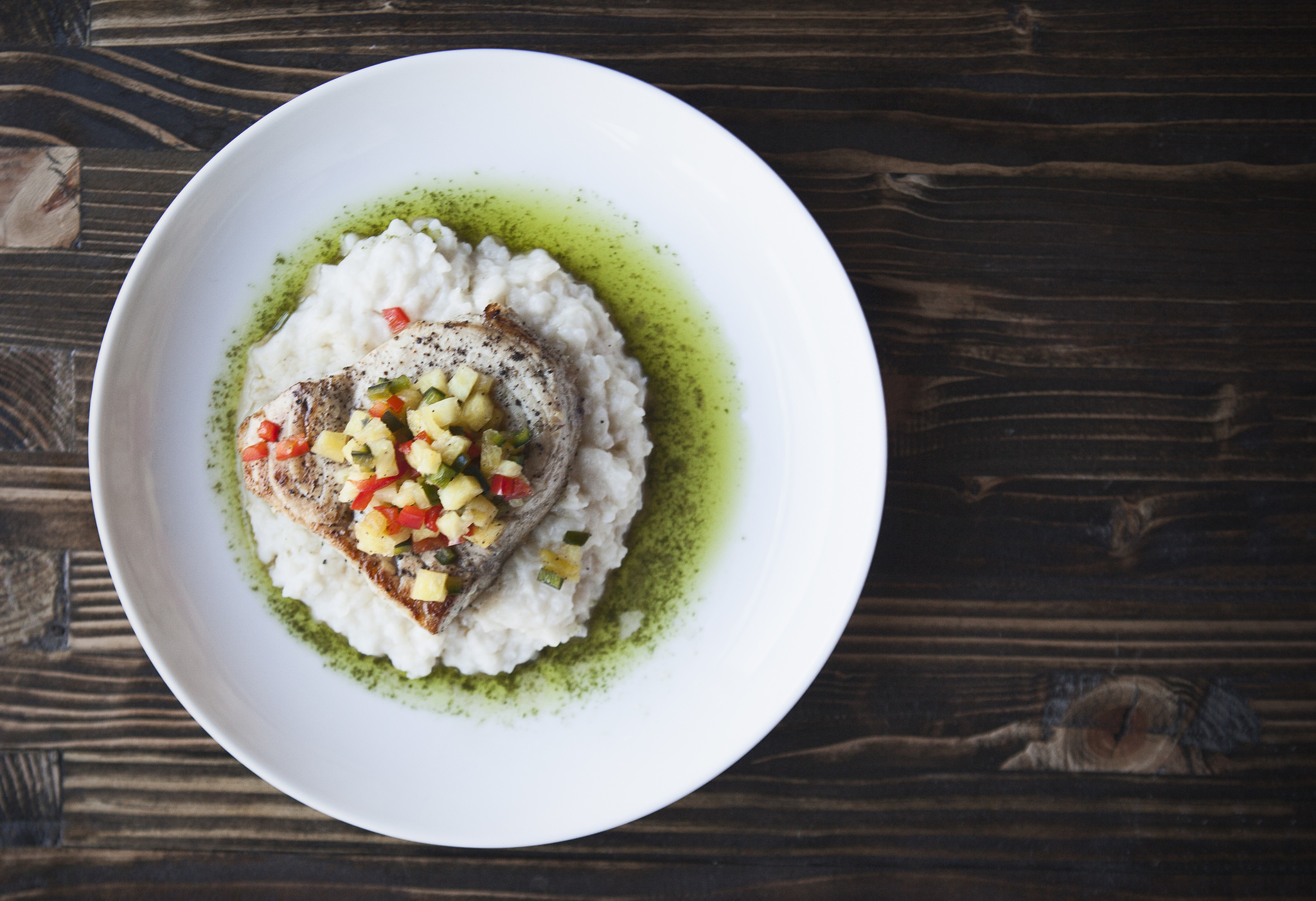 The pan-seared swordfish. 