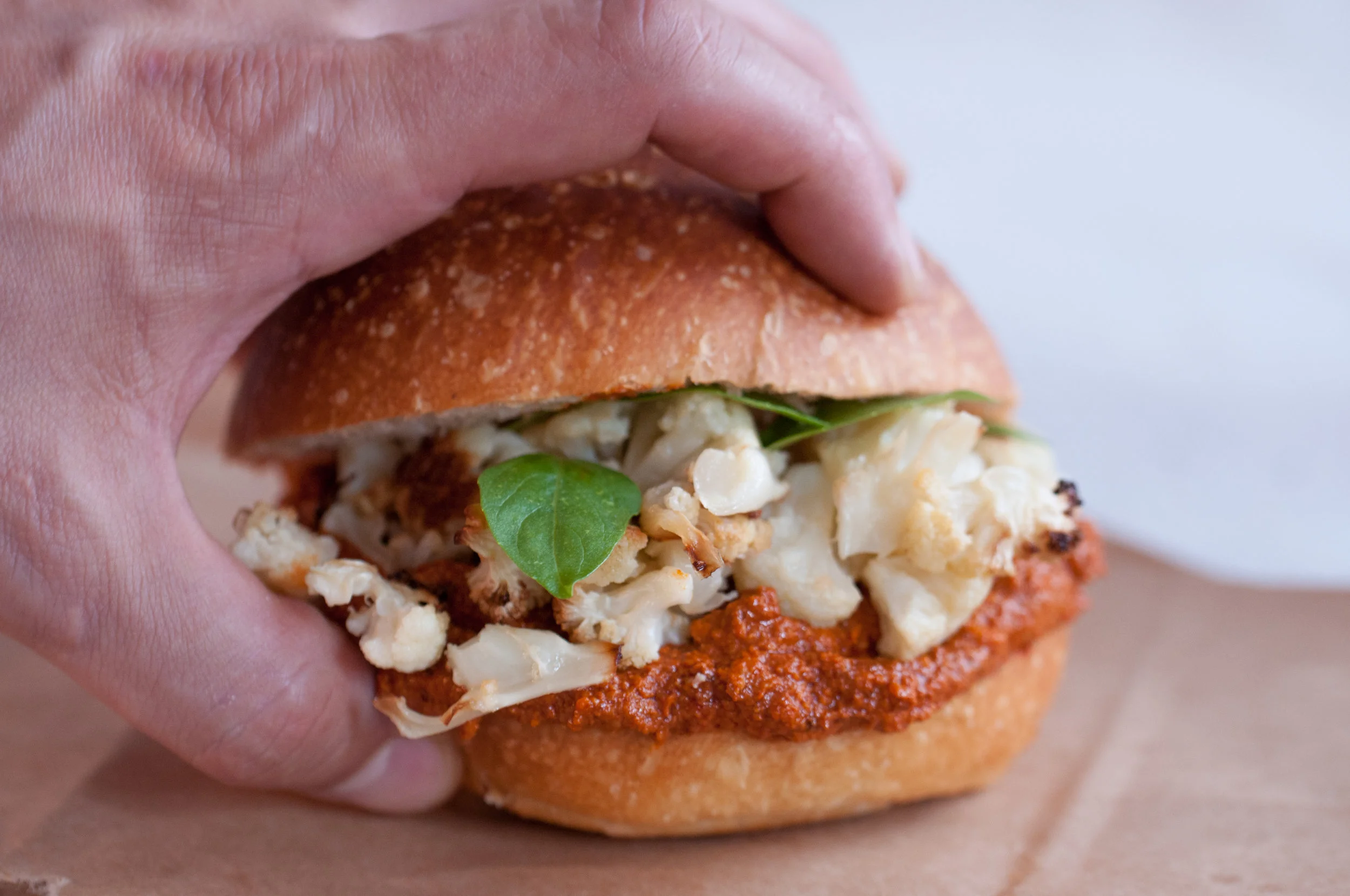 left over Romesco sauce and roasted cauliflower make for one excellent sandwich!