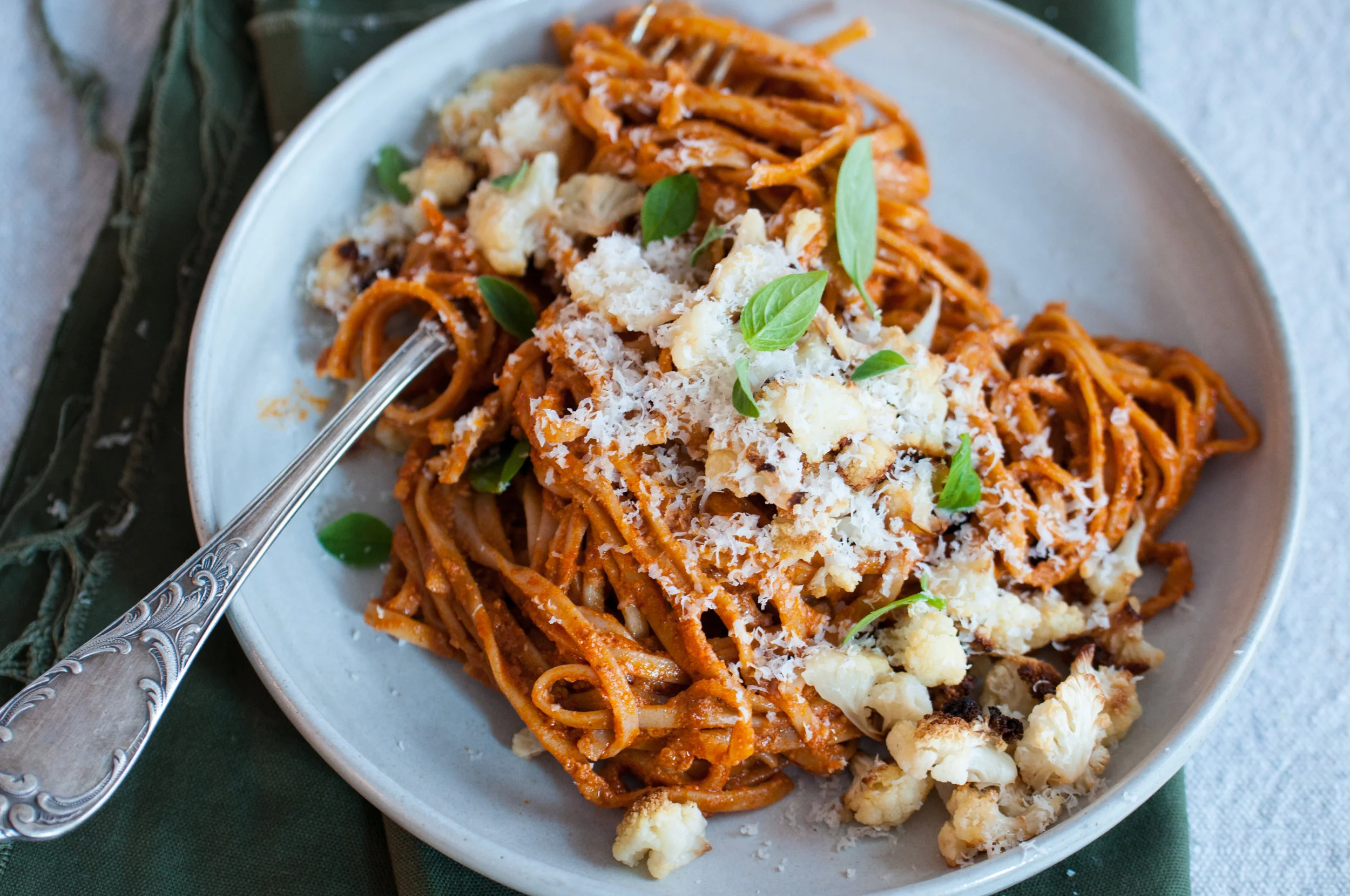 Pasta alla Romesco with Roasted Cauliflower