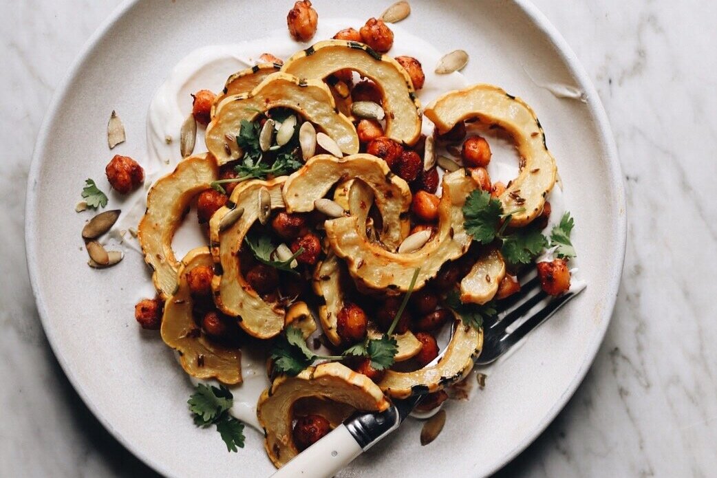 Roasted Squash with Harissa Chickpeas and Lime Yoghurt