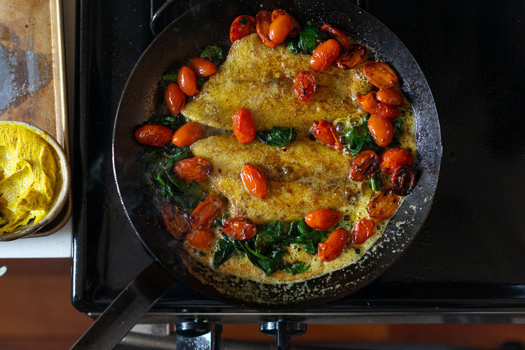 Sole Fillet in Hawaij Butter with Spinach &amp; Cherry Tomatoes