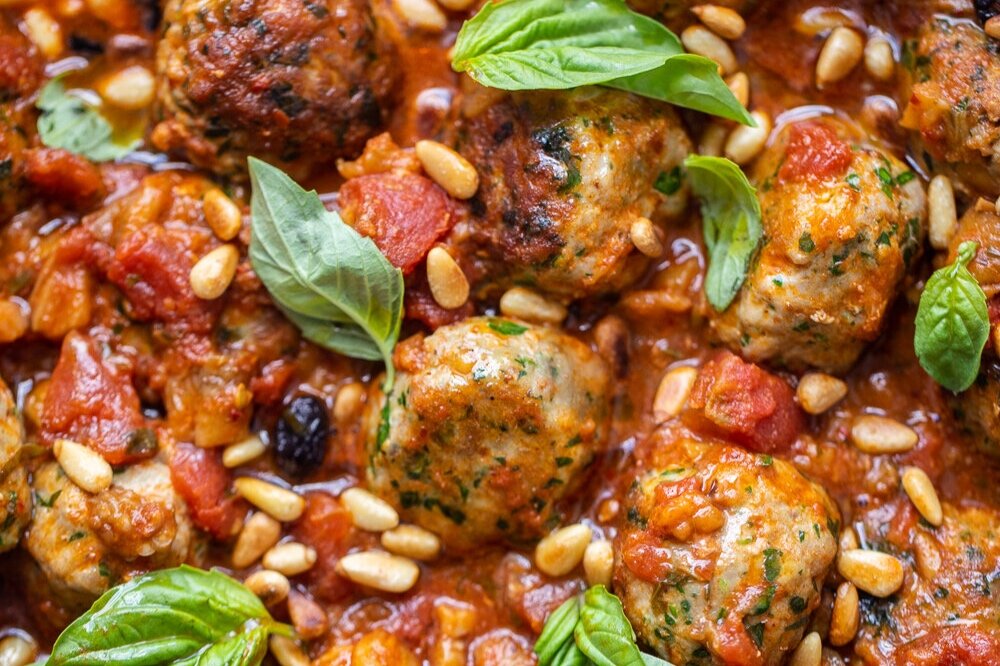 Tuna Balls in Tomato, Eggplant &amp; Harissa Sauce