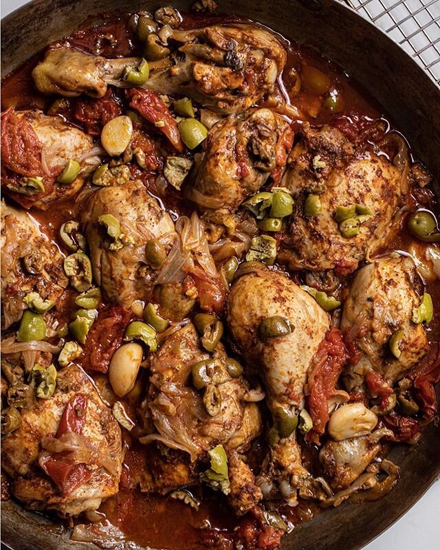 Braised chicken with harissa &amp; olives recipe is up on our recipe page. ⚡️It&rsquo;s simple and delicious. ⚡️Add it to your quarantine menu this week. No fresh tomatoes? Just use canned. (You can even do this recipe without olives, just don&rsquo;