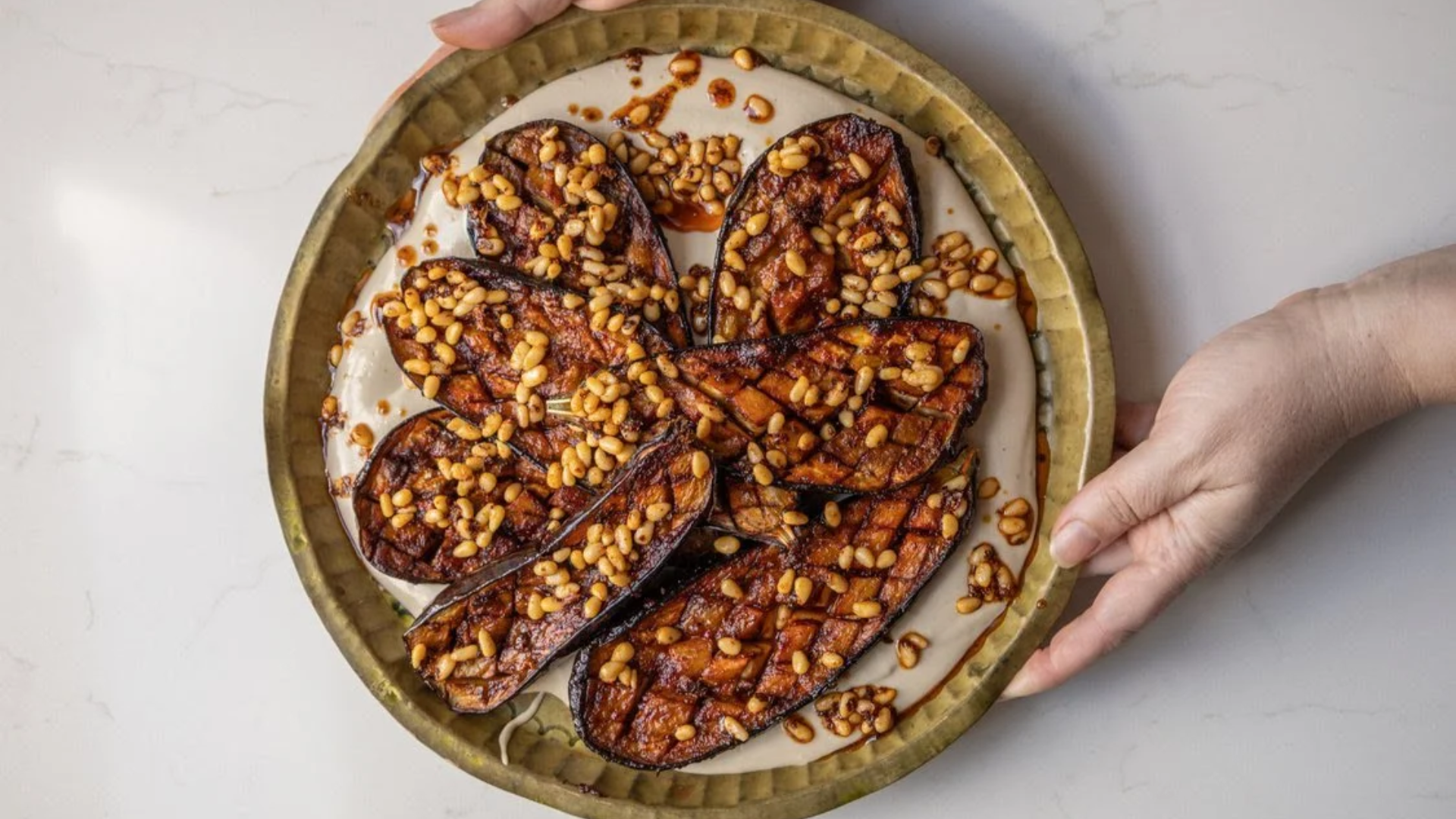 Harissa-Date Glazed Eggplant with Tahini & Pine Nuts