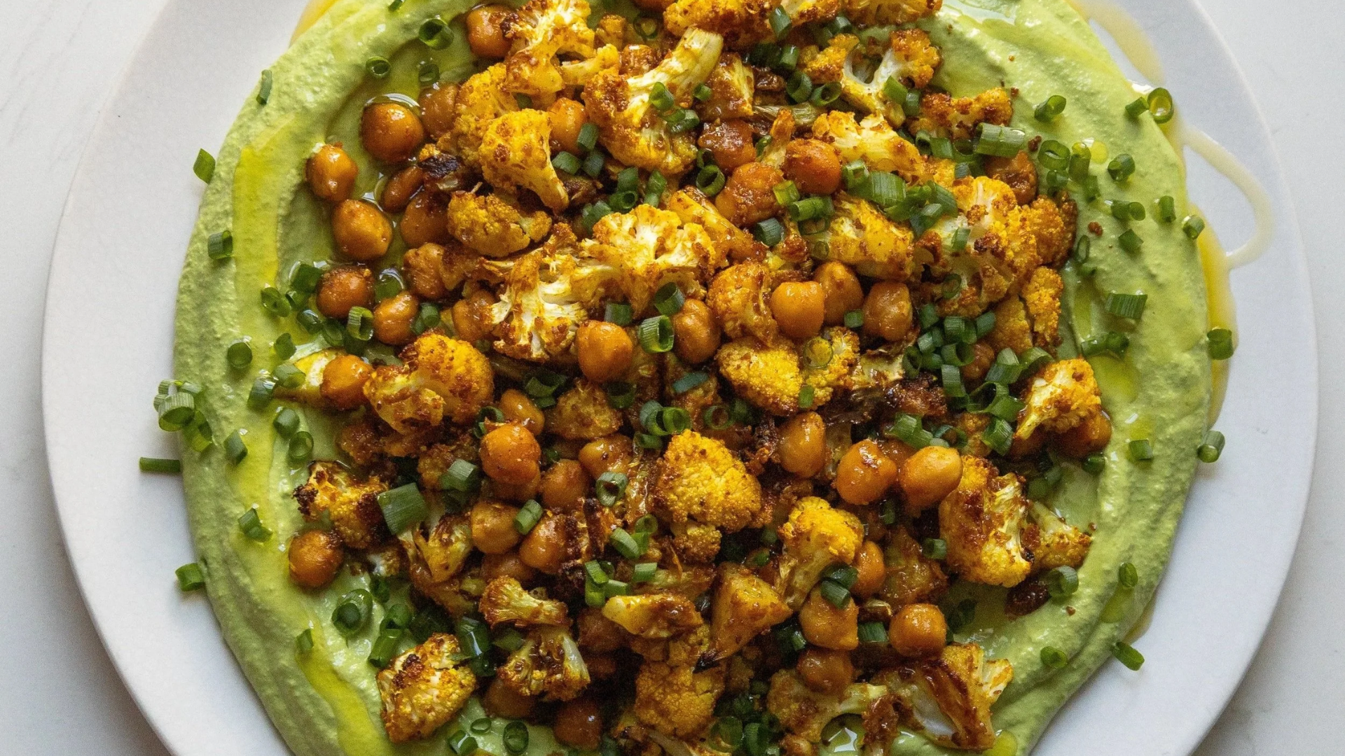 Cauliflower & Chickpea Shawarma over Green Tahini Yogurt